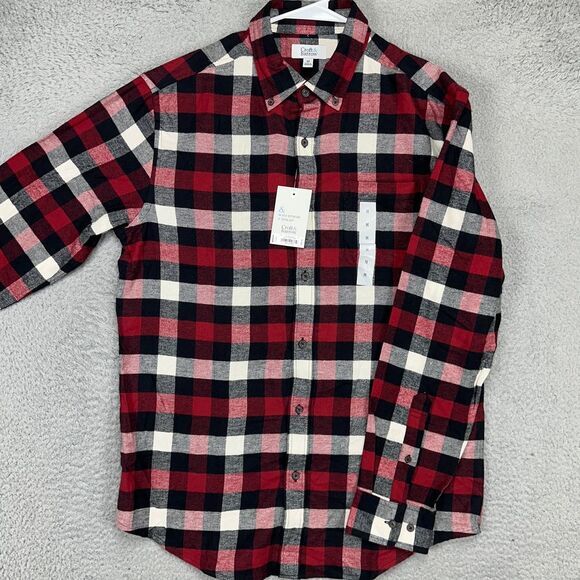 Croft Barrow Flannel Shirt Mens Medium Red Black Plaid Button Down Pocket NEW